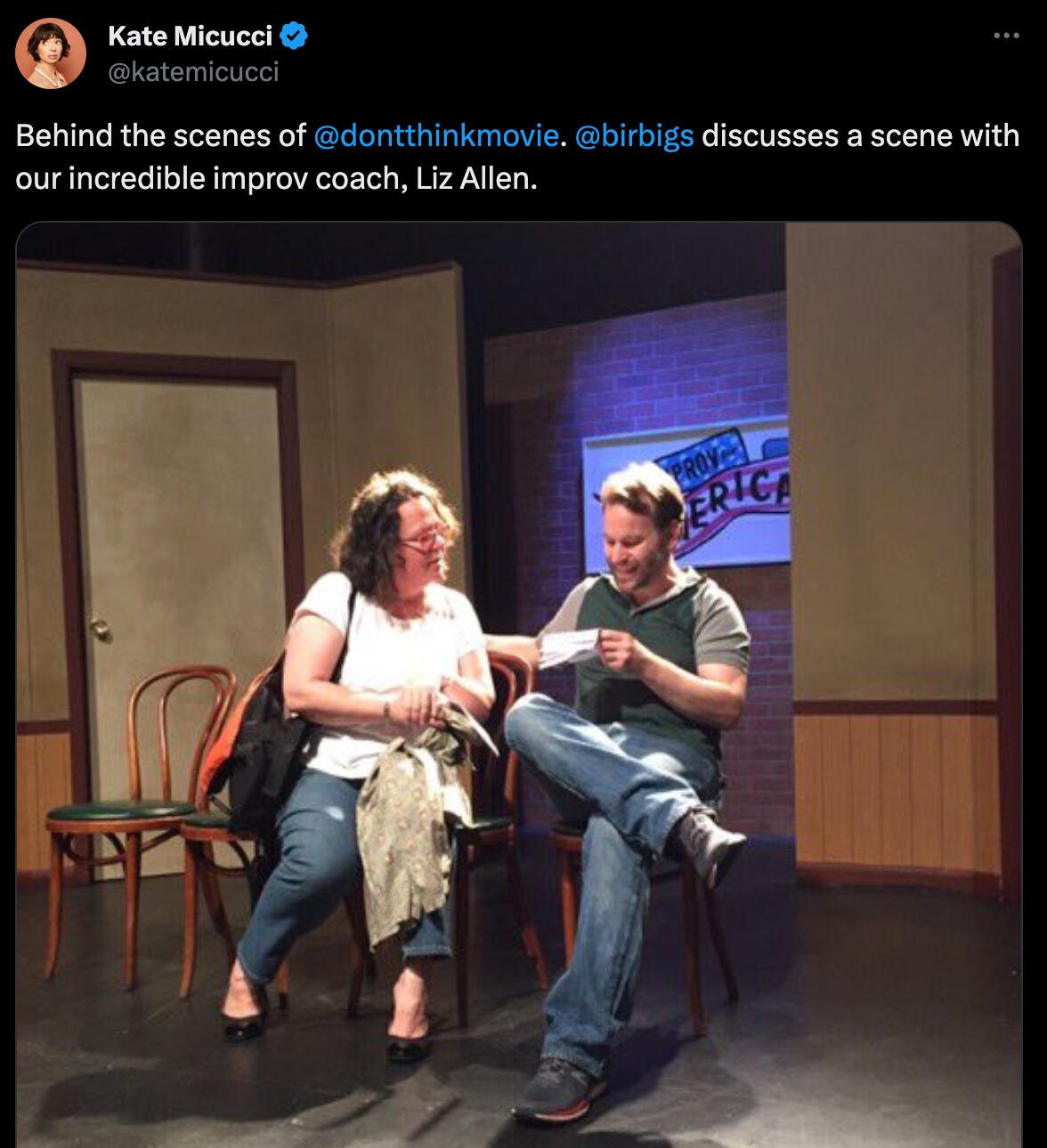 tweet of Liz Allen and Mike Birbiglia talking about improv for the movie Don't Think Twice